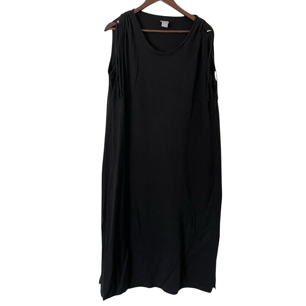 Chico's Size 3 16 18 Black Maxi Dress Ruched Drawstring Shoulder Side Slit XL